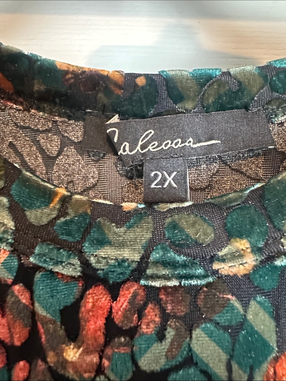 Calessa Plus Size Women's Teal Floral Velvet Long-Sleeve Top - Picture 4 of 7